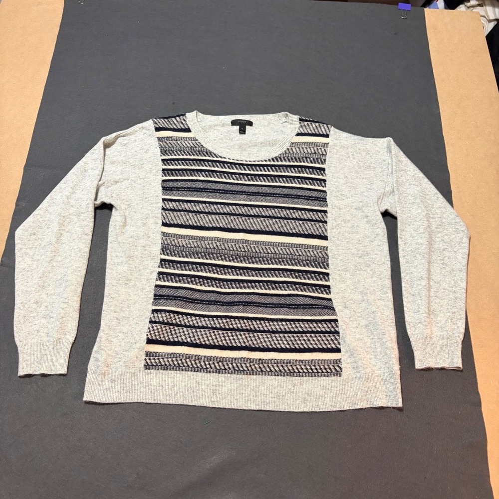 J. Crew Woven Panel Sweater Womens XL Grey Black Cotton Crew Core Relaxed Fall